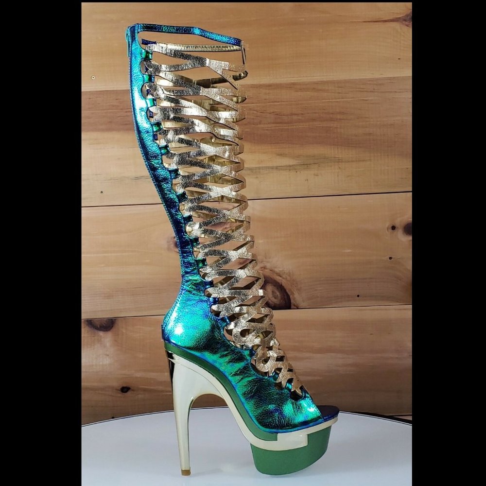 Gladiator Mermaid Green Heel Platform Knee Boots